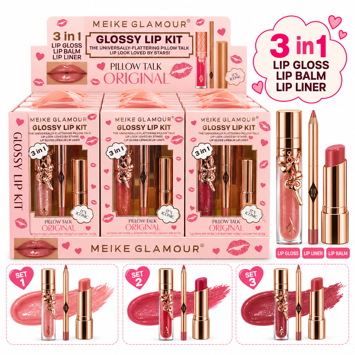 Pillow Talk Original Glossy Lip Kit 3-in-1 - 12PCS