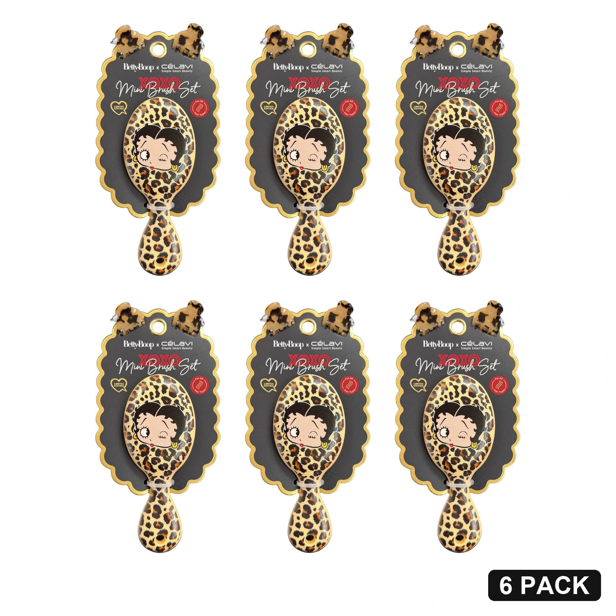 Betty Boop XOXO Mini Hair Brush Set with 2 Clips - Pack of 6
