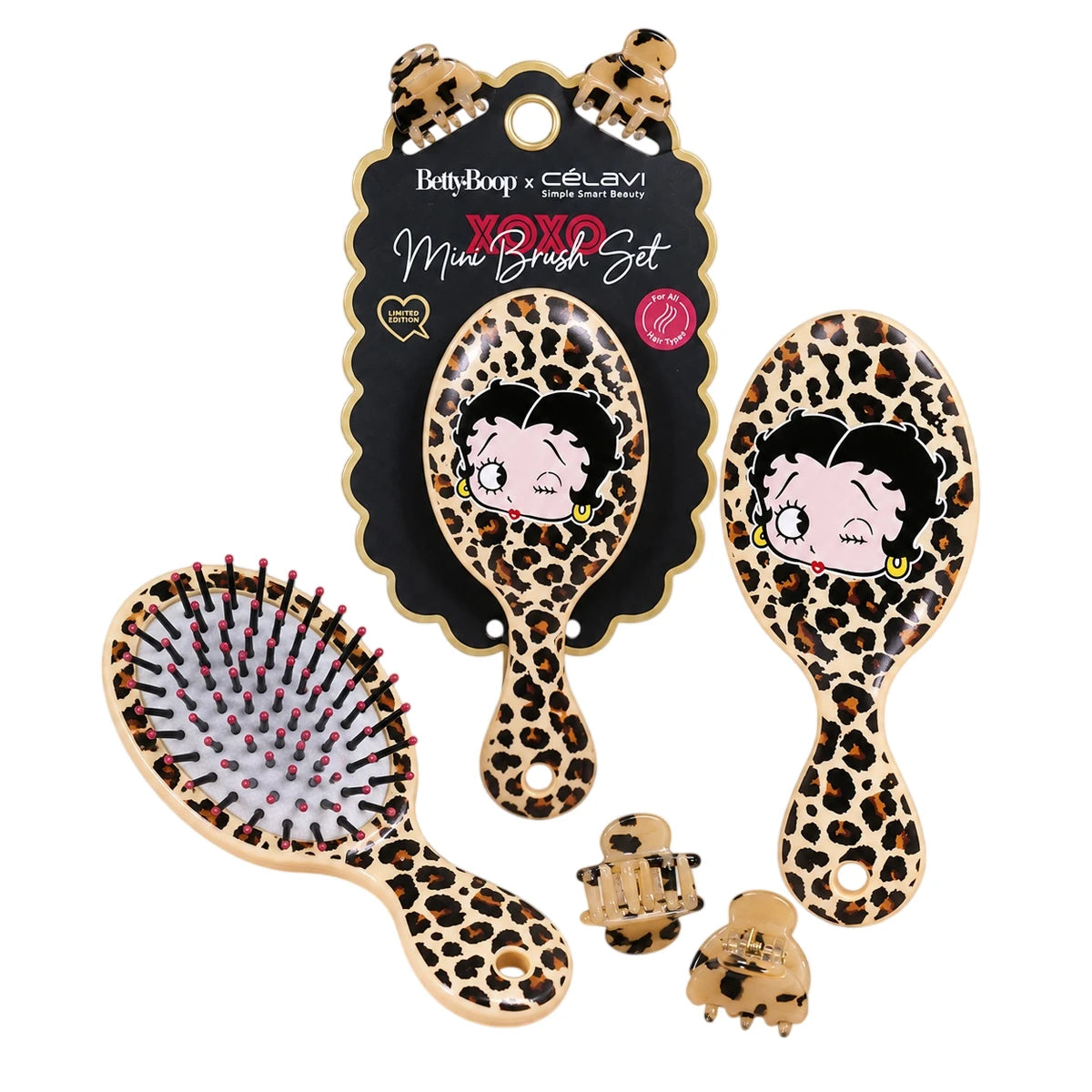 Betty Boop XOXO Mini Hair Brush Set with 2 Clips - Pack of 6